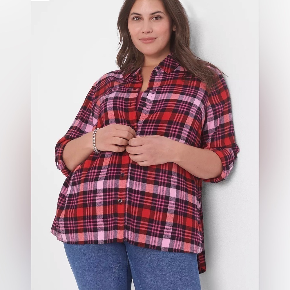 Relaxed Button-Front Step-Her Plaid Boyfriend Shirt Size 18-20